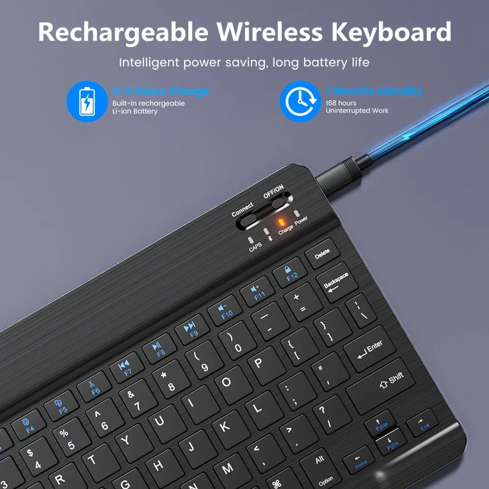 10 Inch Bluetooth Wireless Keyboard and Mouse Set – Rechargeable Portable Keyboard for Tablet, Phone, Android, iOS & Windows