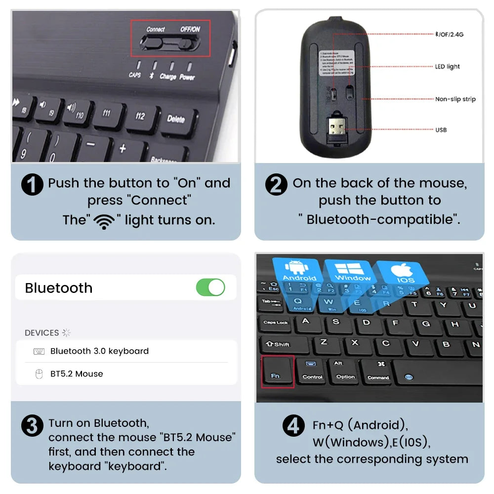 10 Inch Bluetooth Wireless Keyboard and Mouse Set – Rechargeable Portable Keyboard for Tablet, Phone, Android, iOS & Windows