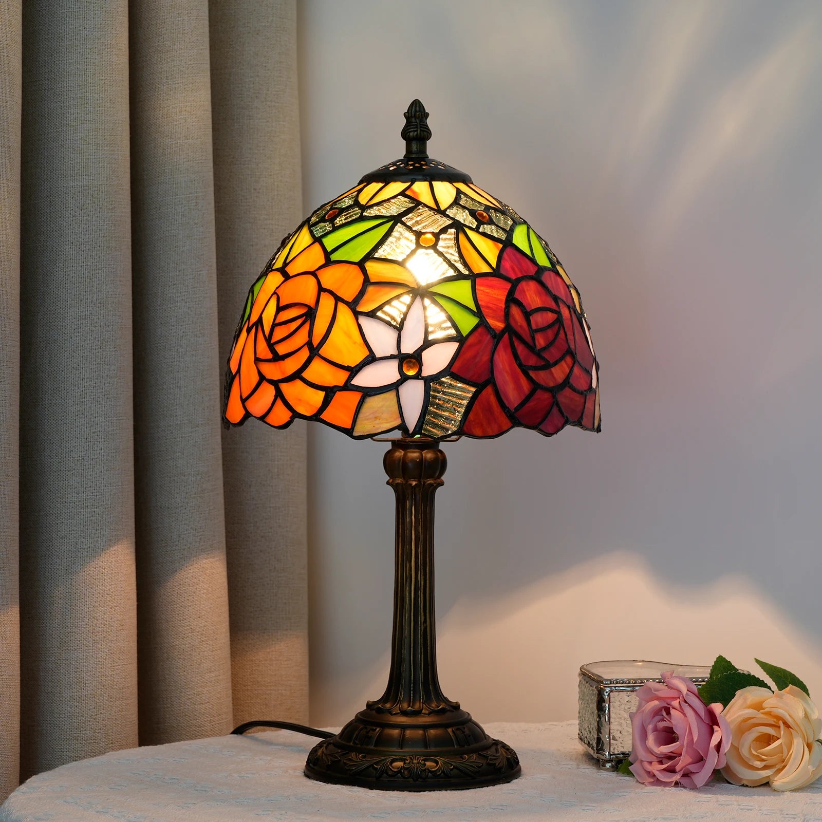 Vintage Stained Glass Table Lamp – Multi-Color Butterfly Flower Bedside Desk Lamp for Bedroom & Reading Decor