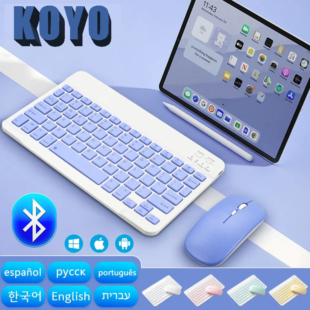 10 Inch Bluetooth Wireless Keyboard and Mouse Set – Rechargeable Portable Keyboard for Tablet, Phone, Android, iOS & Windows