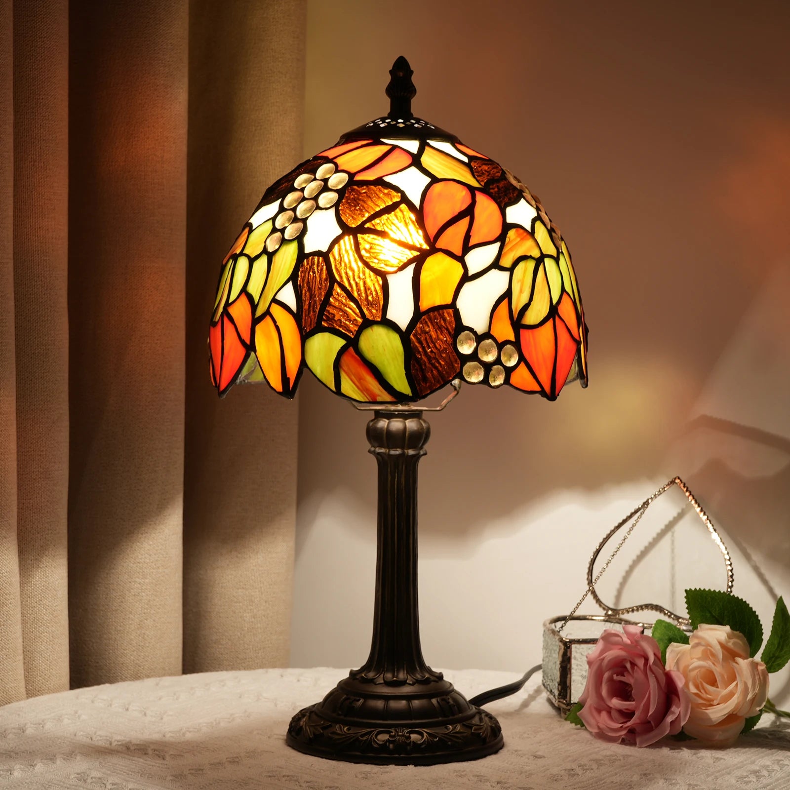Vintage Stained Glass Table Lamp – Multi-Color Butterfly Flower Bedside Desk Lamp for Bedroom & Reading Decor