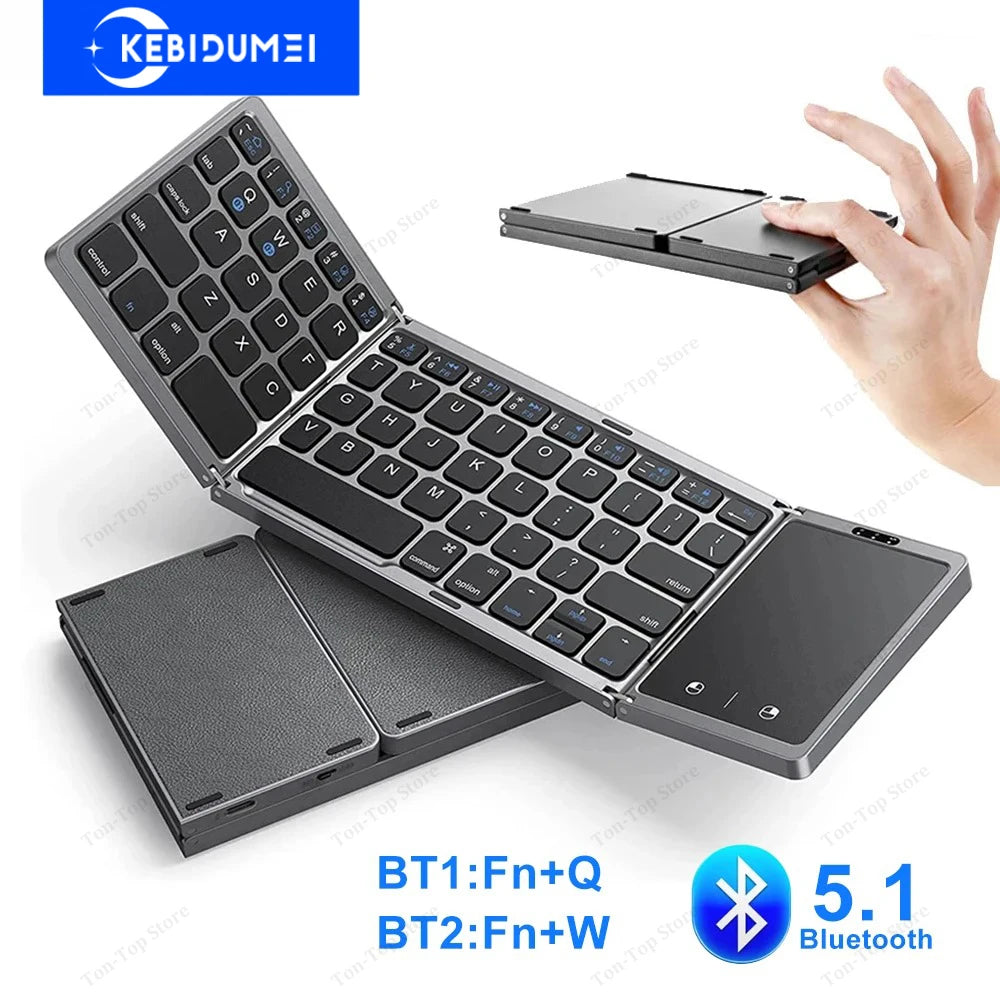Portable 3-Fold Bluetooth Keyboard with Touchpad – Slim Rechargeable Travel Keyboard for iPad, Tablet & Laptop