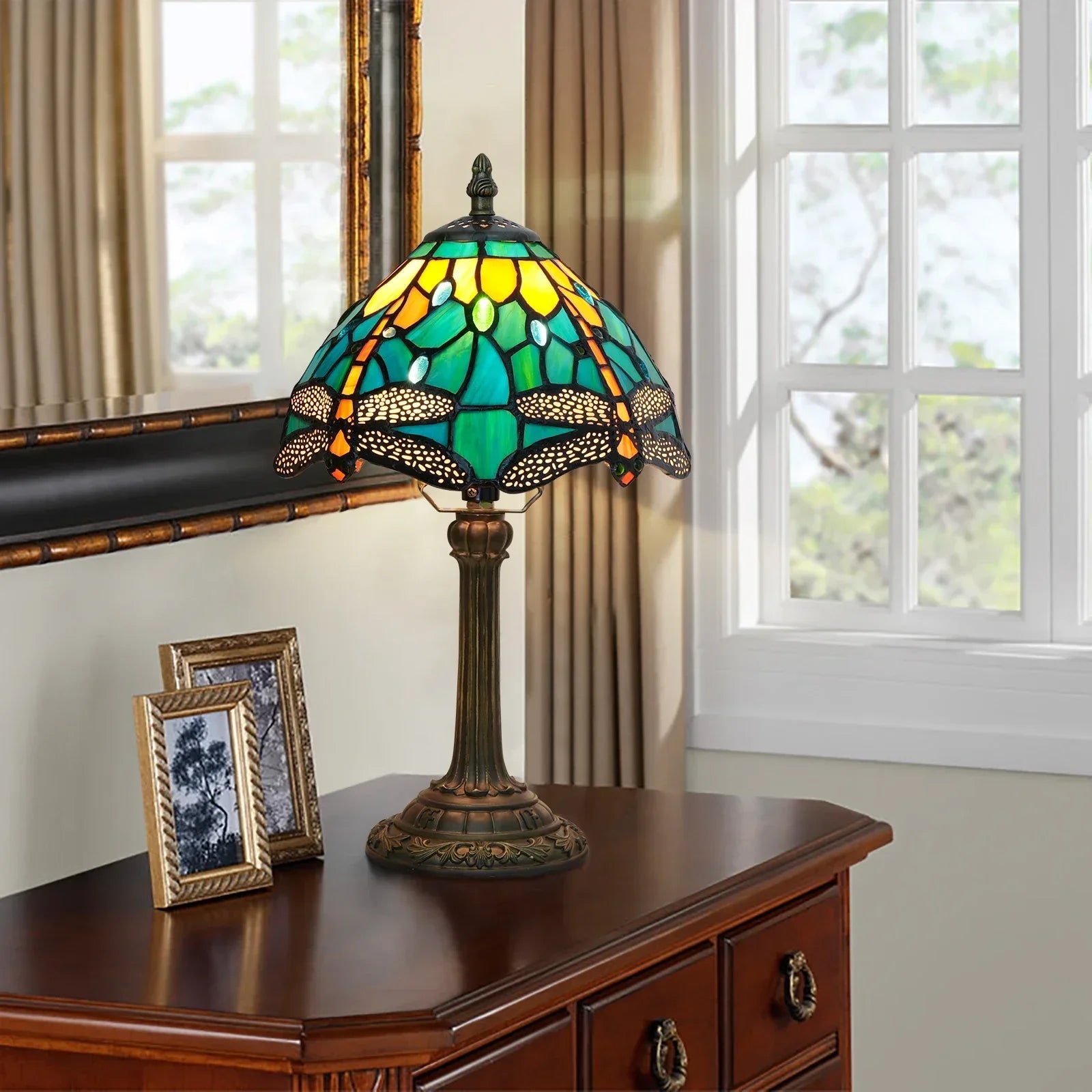 Vintage Stained Glass Table Lamp – 8 Inch French Rose Bedside Reading Lamp for Bedroom, Living Room & Office