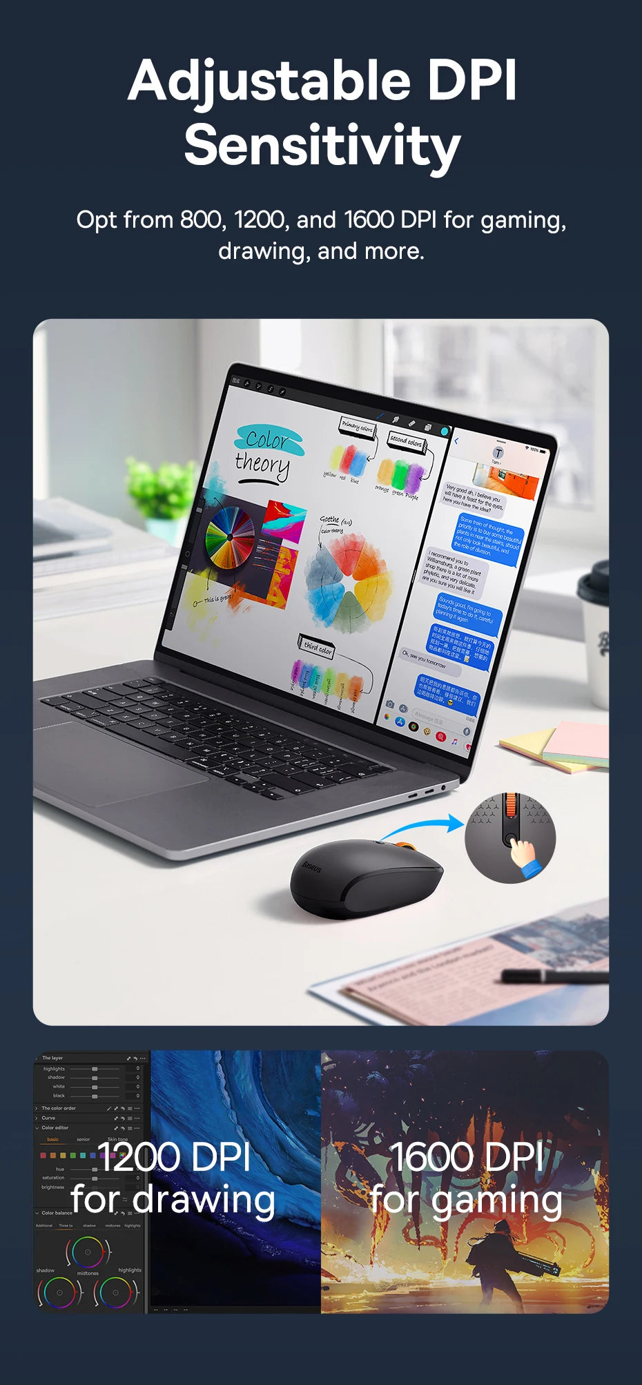 Baseus Wireless Bluetooth Mouse – Silent 2.4G USB Computer Mouse for Laptop, PC, MacBook & Tablet
