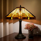 Amber Brown Stained Glass Table Lamp – Retro Mission Style Desk Lamp for Bedroom, Living Room & Office