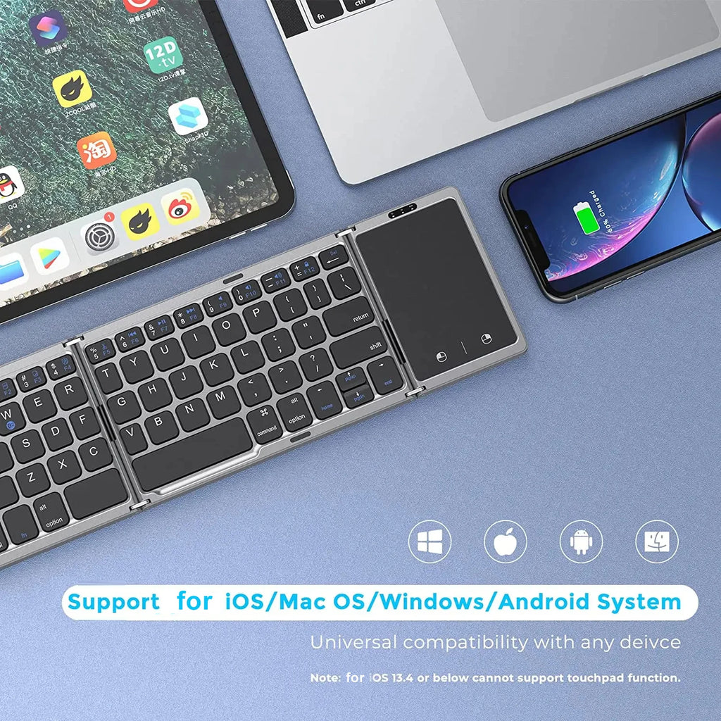 Portable 3-Fold Bluetooth Keyboard with Touchpad – Slim Rechargeable Travel Keyboard for iPad, Tablet & Laptop