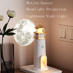 Motion Sensor Moon Projection Lighthouse Night Light – Rechargeable Bedside Lamp for Bedroom & Kids Room