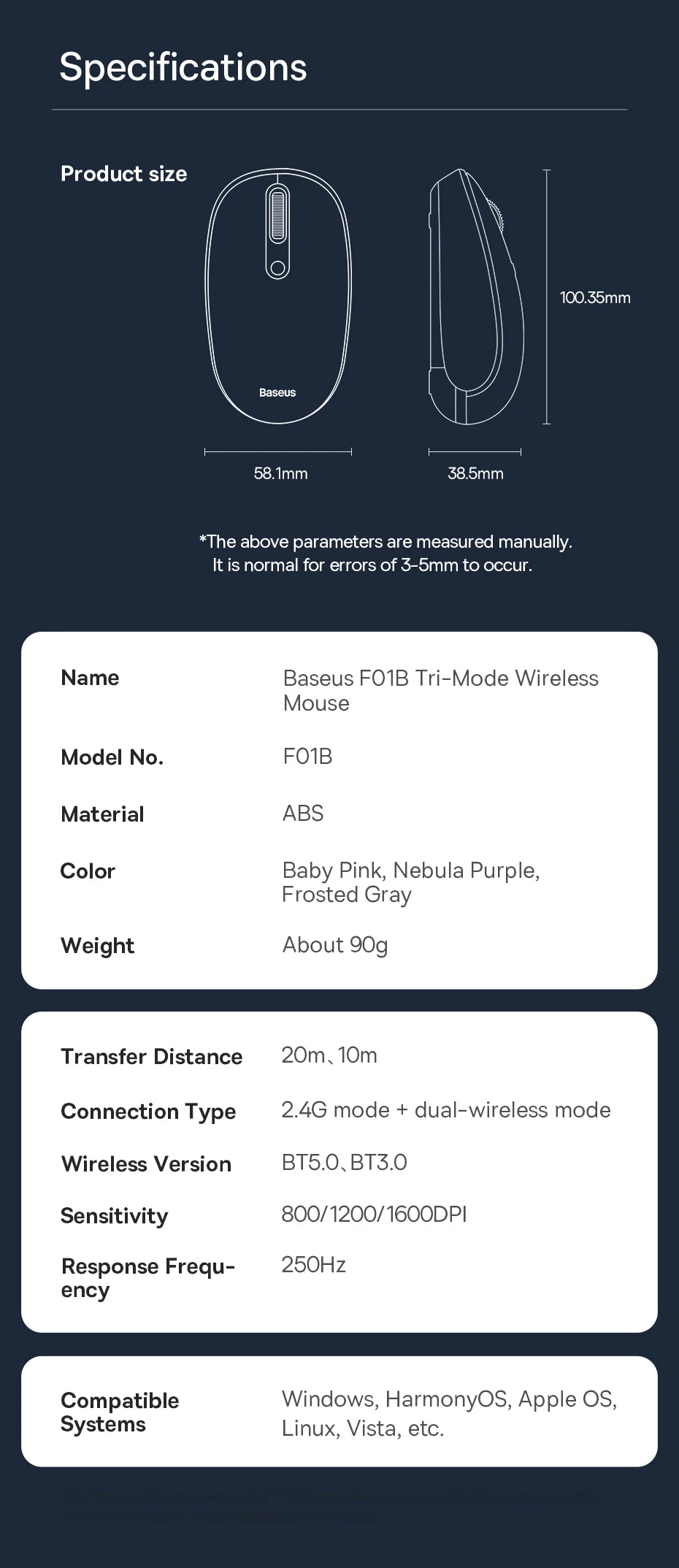 Baseus Wireless Bluetooth Mouse – Silent 2.4G USB Computer Mouse for Laptop, PC, MacBook & Tablet