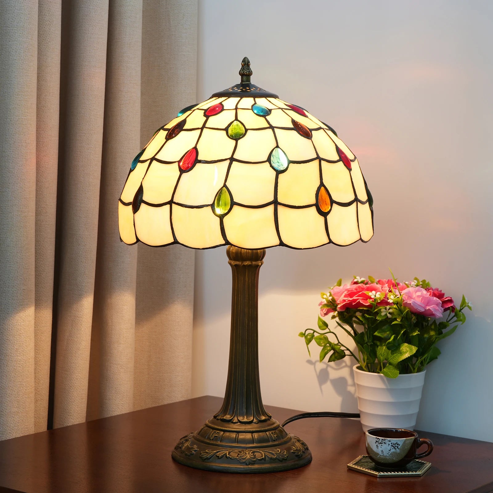 Peacock Stained Glass Table Lamp – Vintage Bedside Reading Lamp for Home Decor
