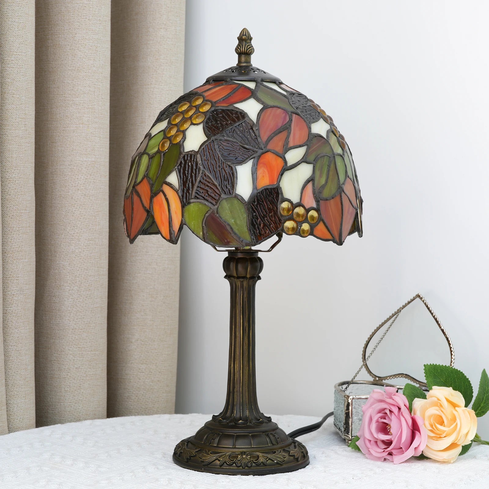 Vintage Stained Glass Table Lamp – Multi-Color Butterfly Flower Bedside Desk Lamp for Bedroom & Reading Decor
