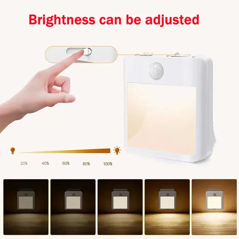 Plug-in LED Night Light with Motion Sensor – Adjustable Brightness Wall Lamp for Bedroom, Hallway & Bathroom