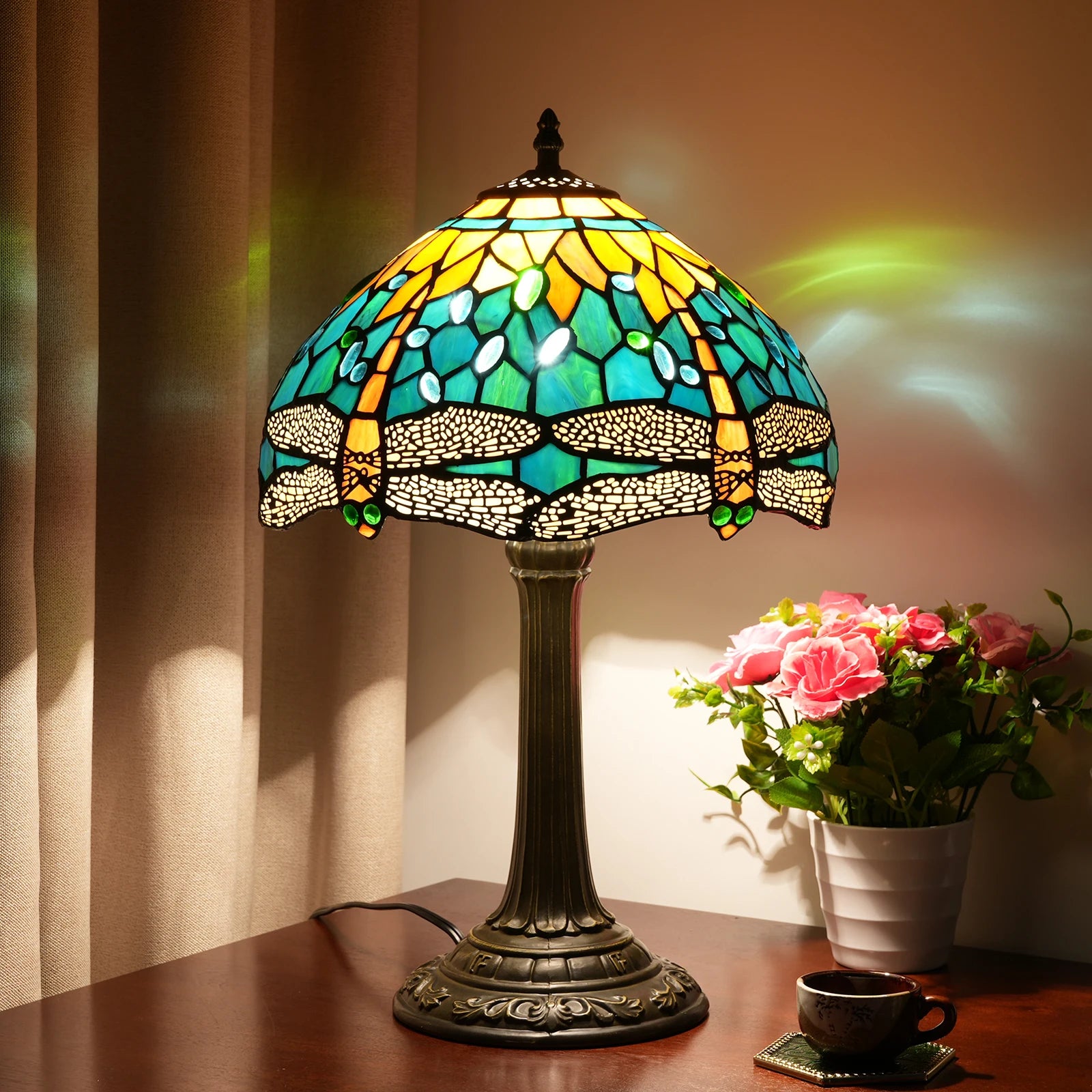 Green Yellow Dragonfly Stained Glass Table Lamp – 12 Inch Vintage Bedside Reading Lamp for Bedroom & Living Room