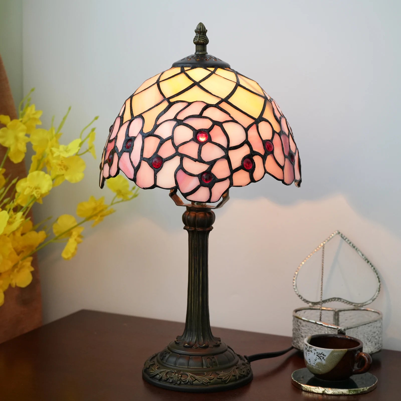 Vintage Stained Glass Table Lamp – Multi-Color Butterfly Flower Bedside Desk Lamp for Bedroom & Reading Decor