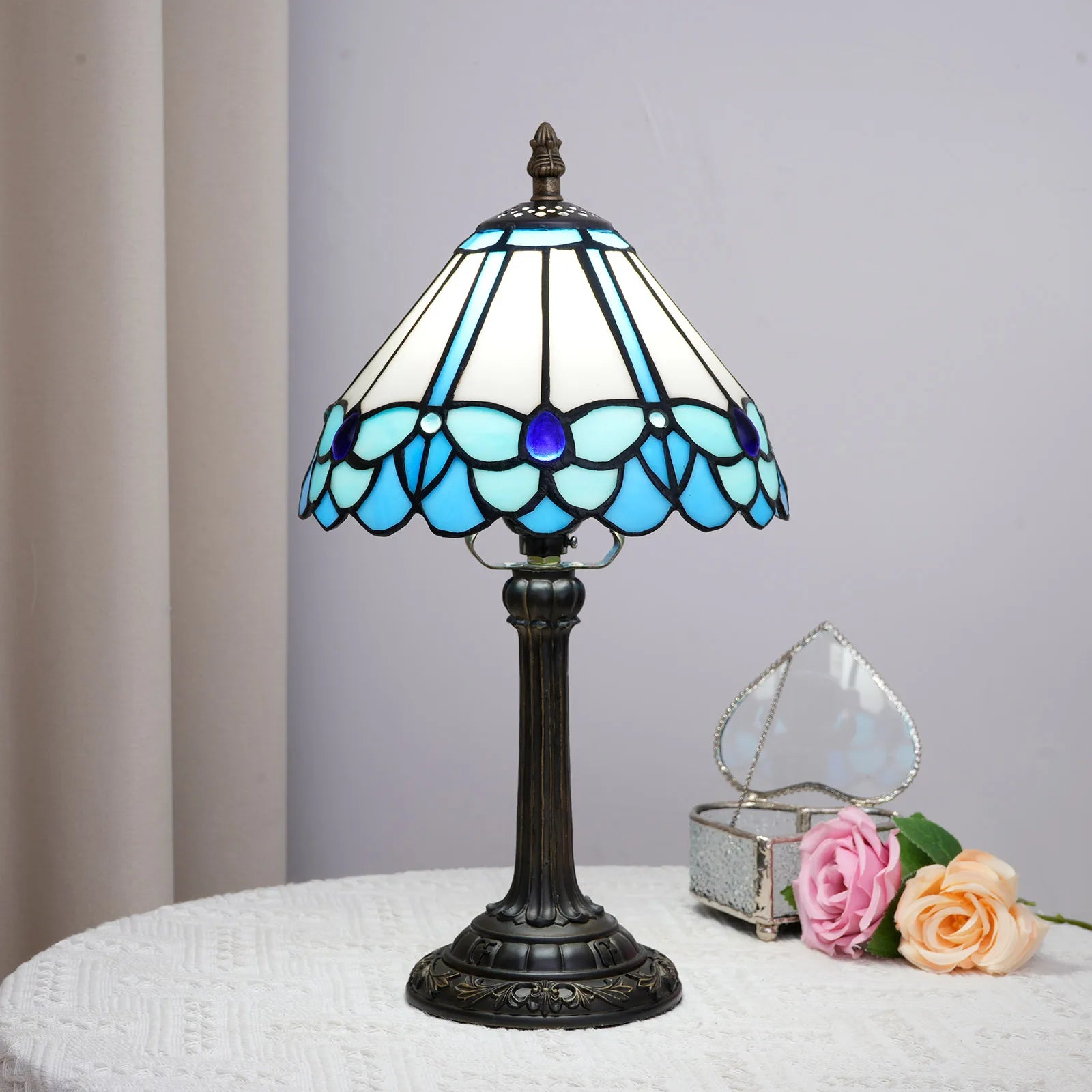 Vintage Stained Glass Table Lamp – Multi-Color Butterfly Flower Bedside Desk Lamp for Bedroom & Reading Decor