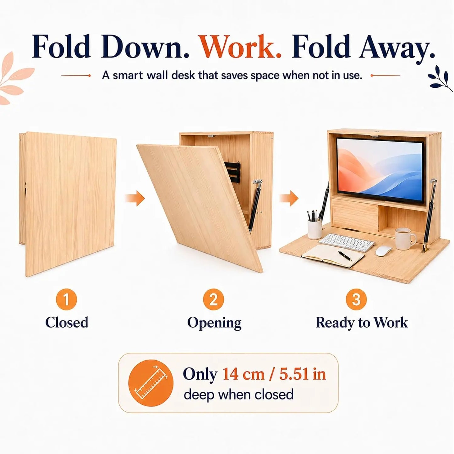 Wall Mounted Folding Desk with Storage & Monitor Mount